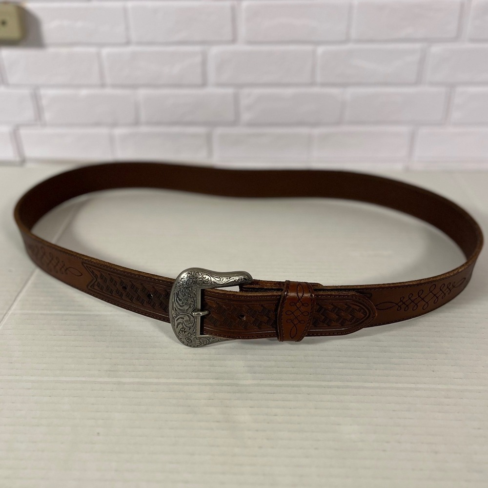 Rank 45 Western Belt Mens 44 Brown Leather Basketweave Engraved Buckle‎